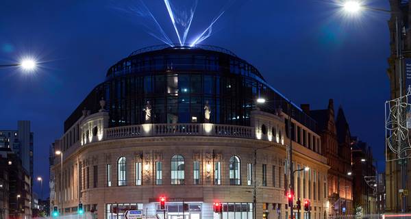 Lights above The Majestic during the Leeds Light Night festival