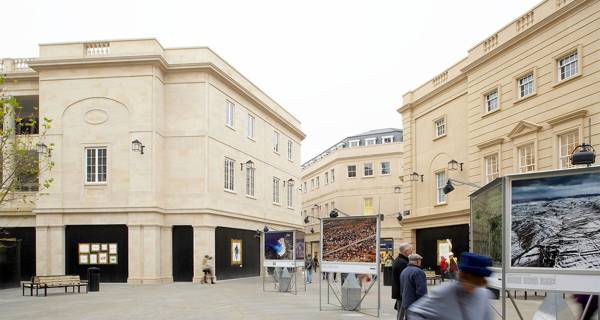 Exterior shot of SouthGate Bath’s retail buildings, featuring Bath stone cladding and Georgian-style façades.