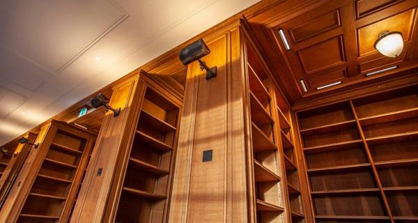 close up of libary wood shelves