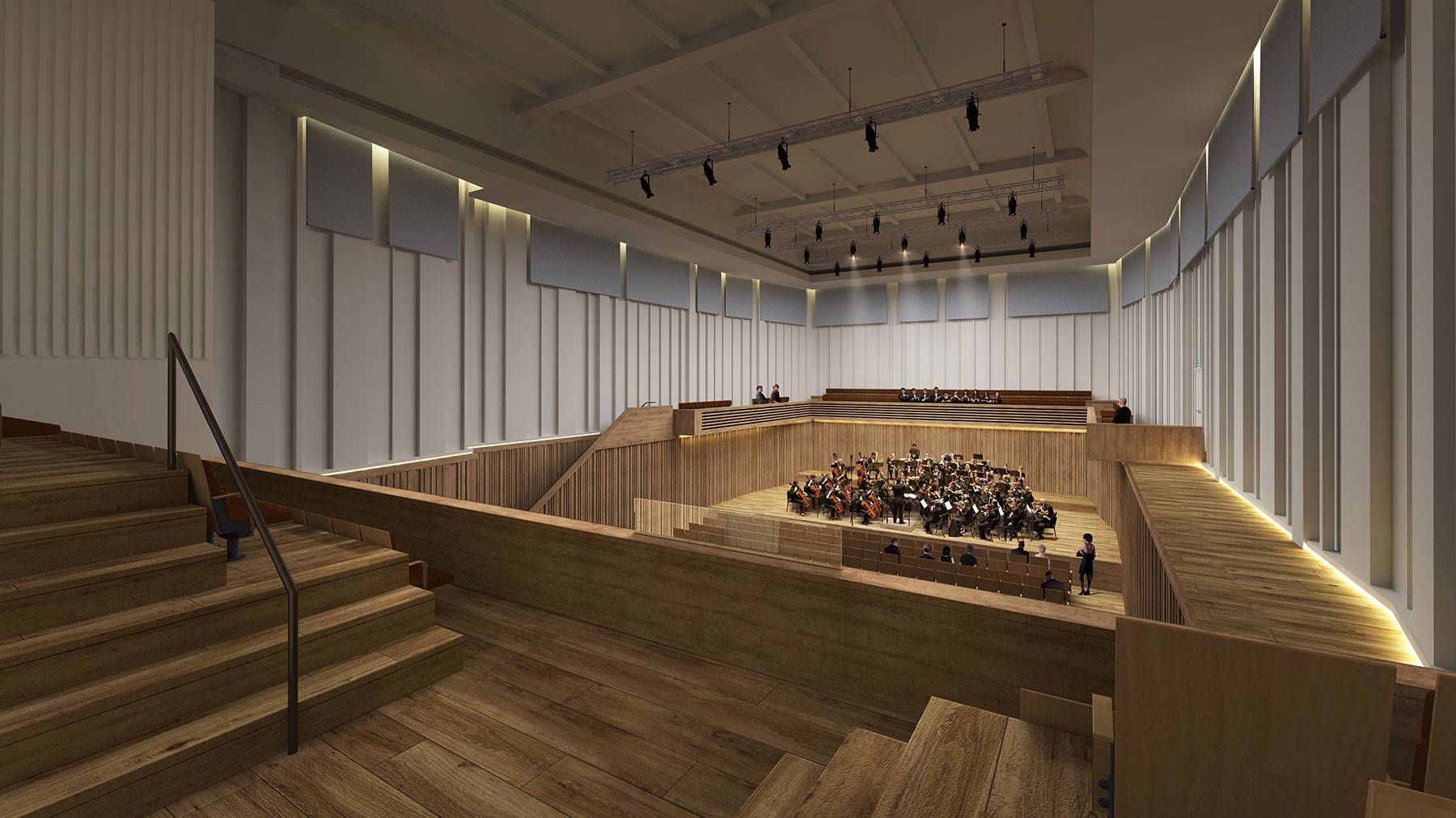 full orchestra on stage at Chetham's Stoller Hall