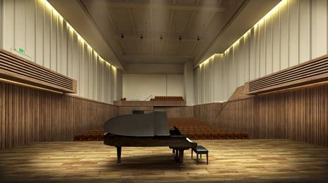 grant piano on stage at Chetham's Stoller Hall