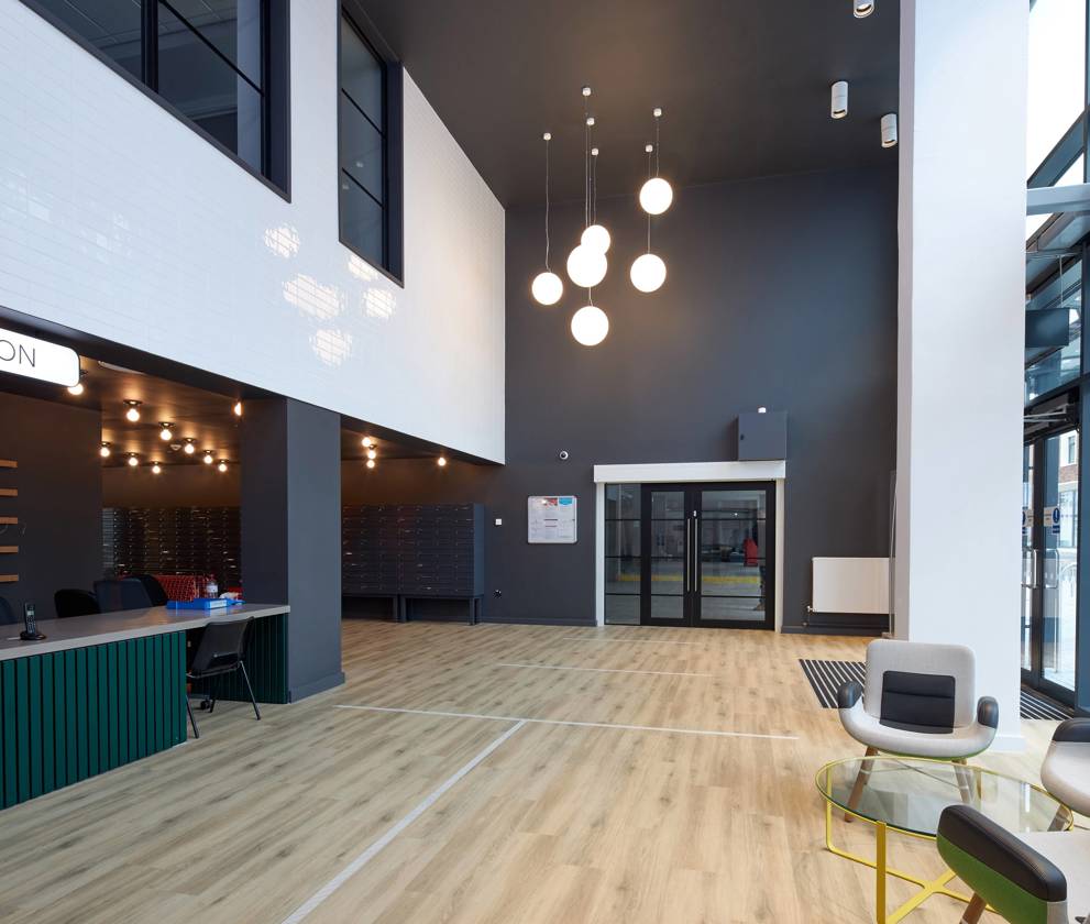 Reception space at Project Sofia with stylish lighting and seating for visitors.