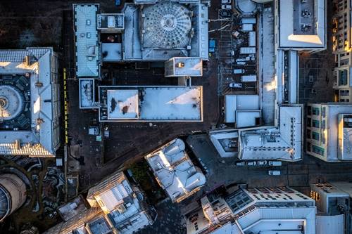 Drone aerial view of the Dunard Centre, Edinburgh