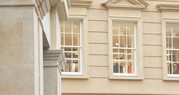 Exterior shot of SouthGate Bath’s retail building, featuring Bath stone cladding and Georgian-style façades.