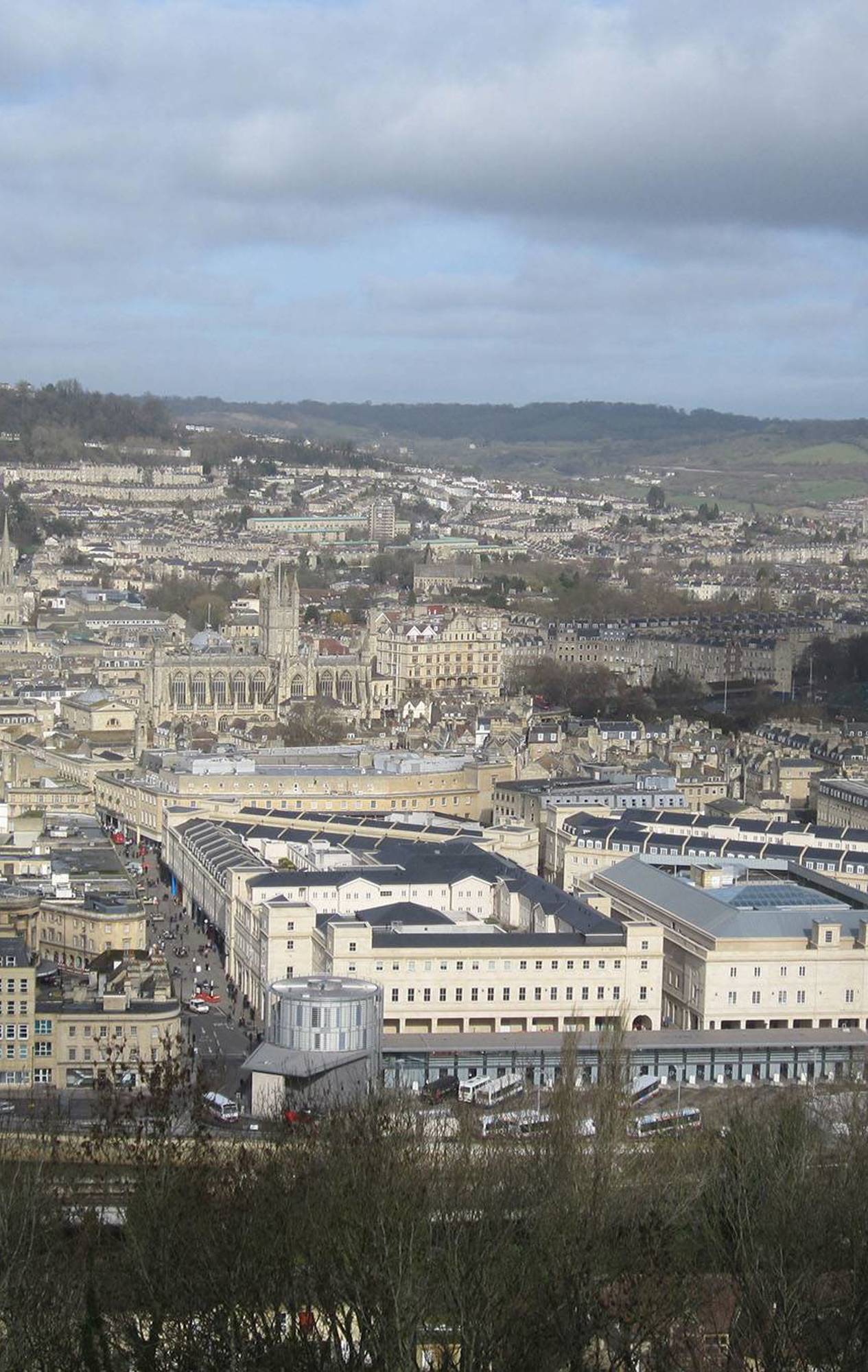 Exterior shot of SouthGate Bath’s retail buildings, featuring Bath stone cladding and Georgian-style façades.