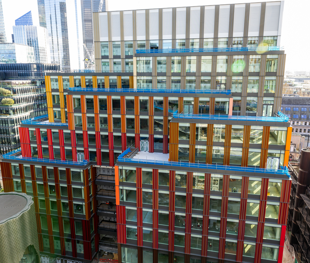 Exterior view of 1 Broadgate, showcasing its stunning colour-graded façade and modern architectural design
