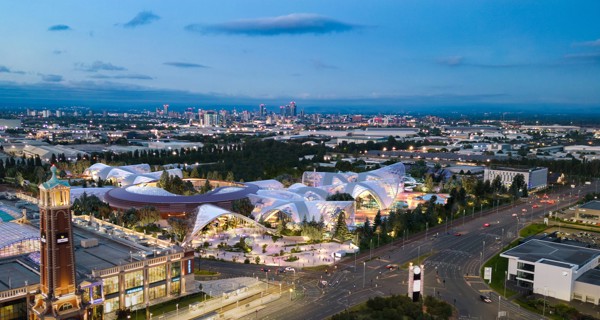 A CGI view of Therme Manchester during the evening
