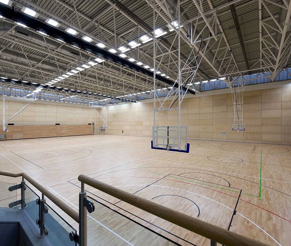 Interior view of Sports Central’s multi-function training hall, designed for golf, archery, and five-a-side football.