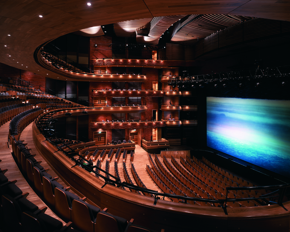 Interior shot of the 1,850-seat auditorium at Wales Millennium Centre