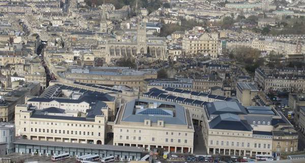 Aerial view of the SouthGate Bath development, showing its integration with surrounding Georgian architecture