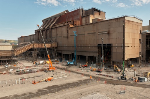 The former Basic Oxygen Steel plant with piling rigs in the foreground