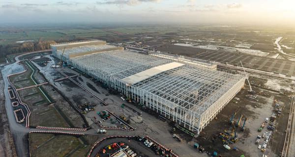 Aerial image of completed steel frame at Agratas Battery Plantn